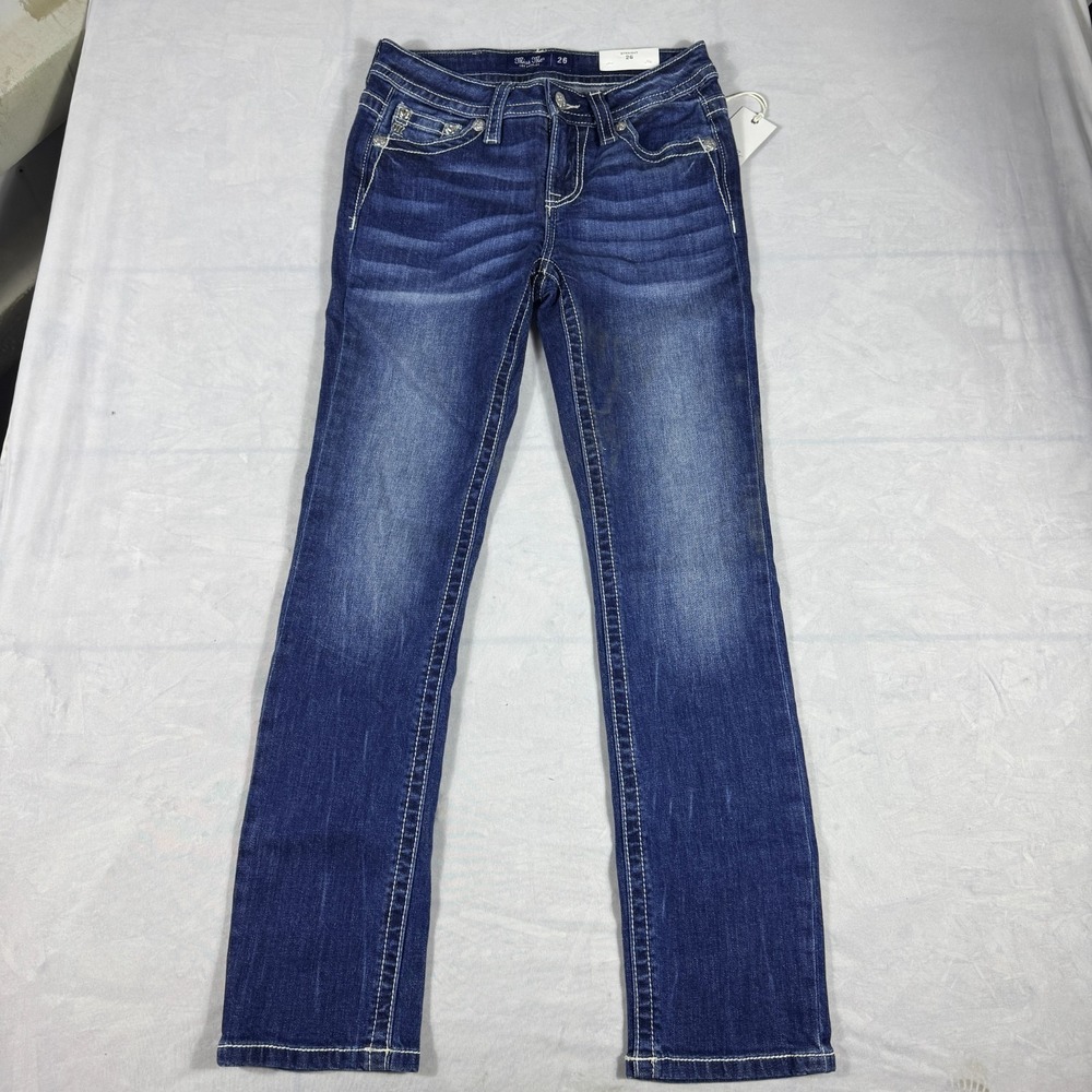 NWT Miss Me Womens Straight Leg Jeans Dark Blue Mid Rise 5-Pocket Whisker 26x31